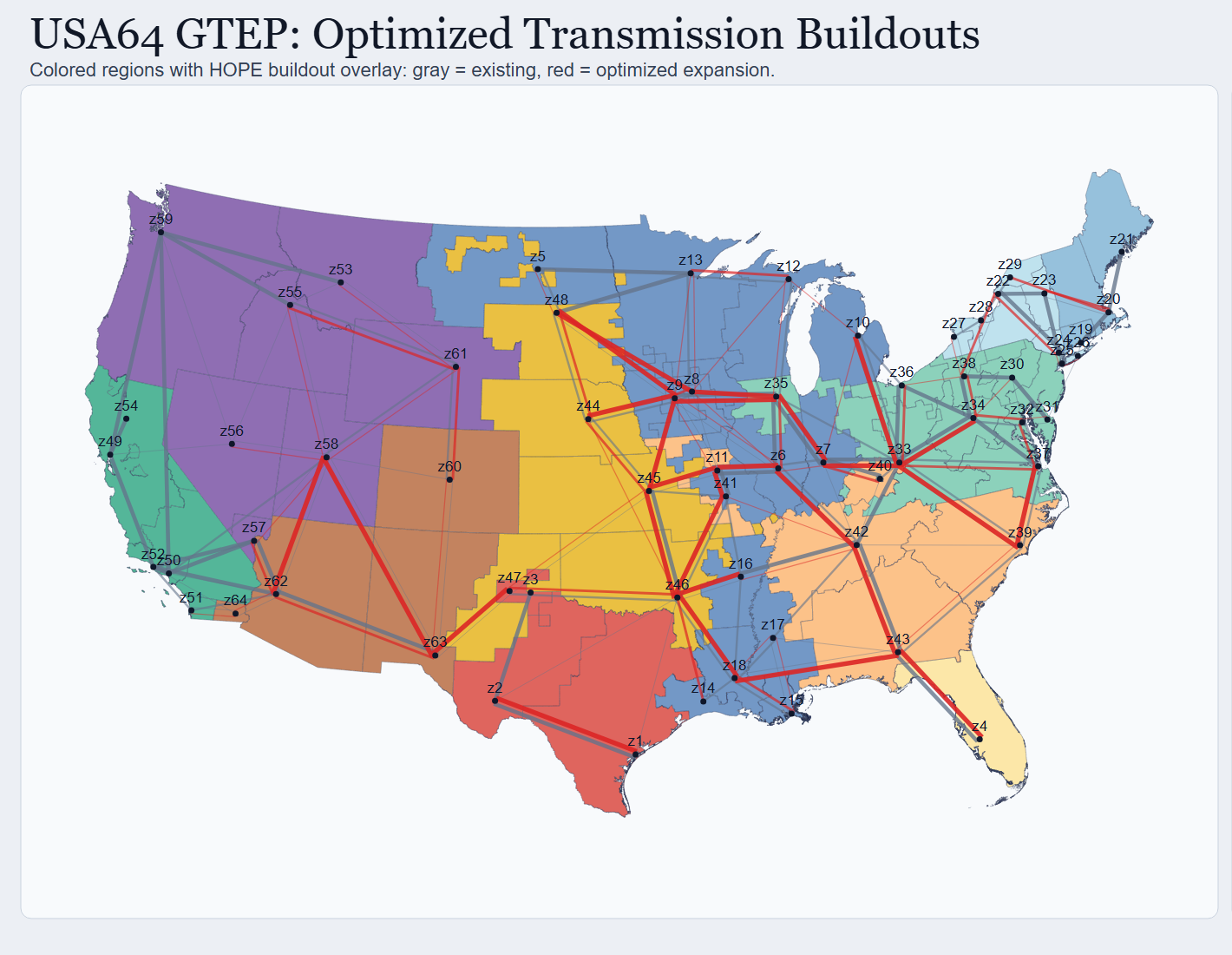 USA64 generation and transmission expansion planning map